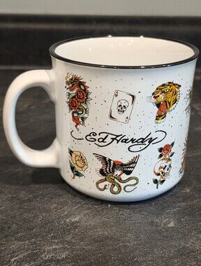 Ed Hardy White Tattoo-Print Mug with Black Rim